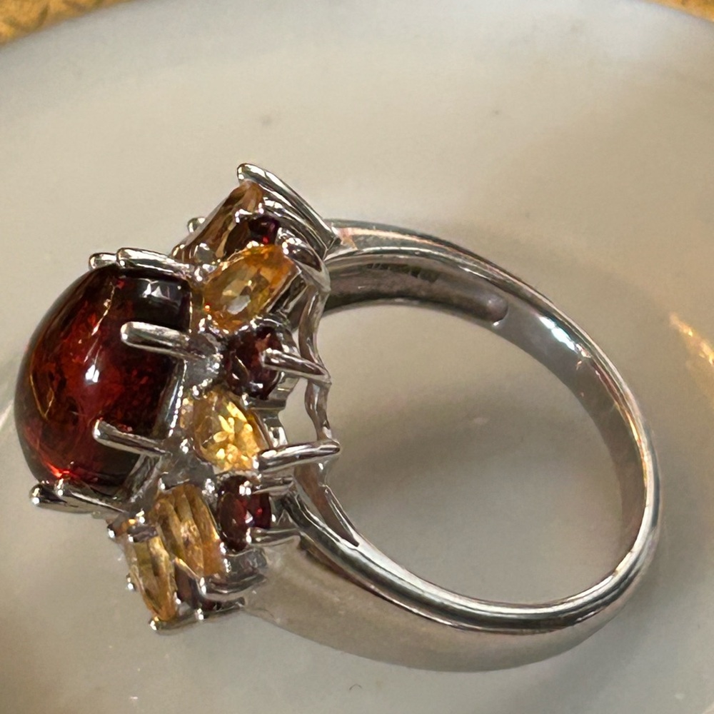 Vintage Baltic Amber Citrine & Garnet Sterling Silver Cocktail Ring - Picture 5 of 15